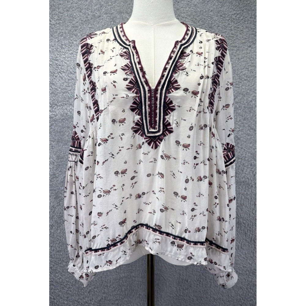 Ulla Johnson Jamilla Silk Blouse Sz 4 Sheer Embroidered Boho Peasant V-Neck